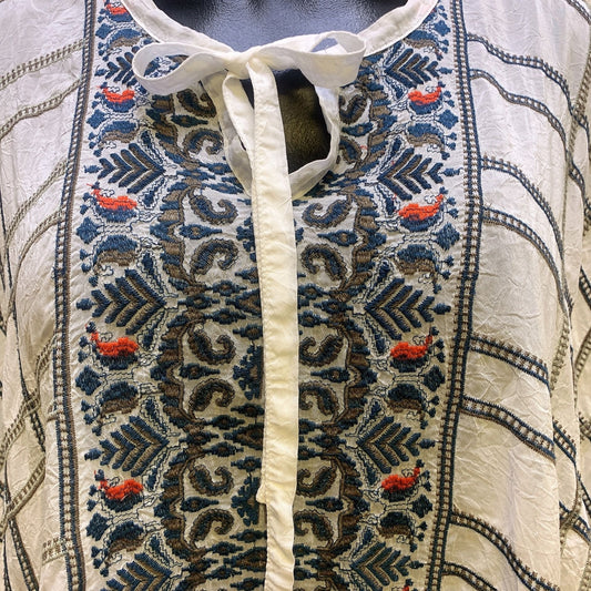 Johnny Was White w/Multicolored Embroidery Sheer Poncho Top, Size Small