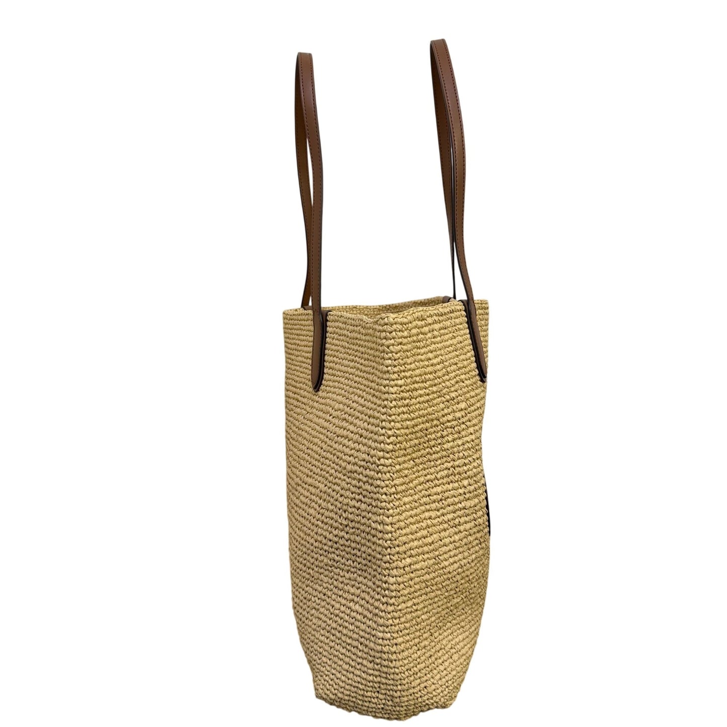 Michael Kors Straw Tote Bag With Leather Logo & Handles - Tan