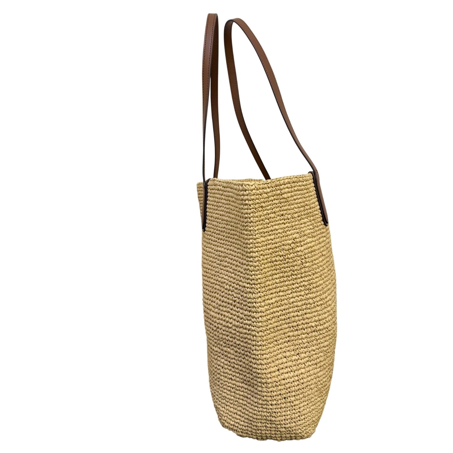 Michael Kors Straw Tote Bag With Leather Logo & Handles - Tan