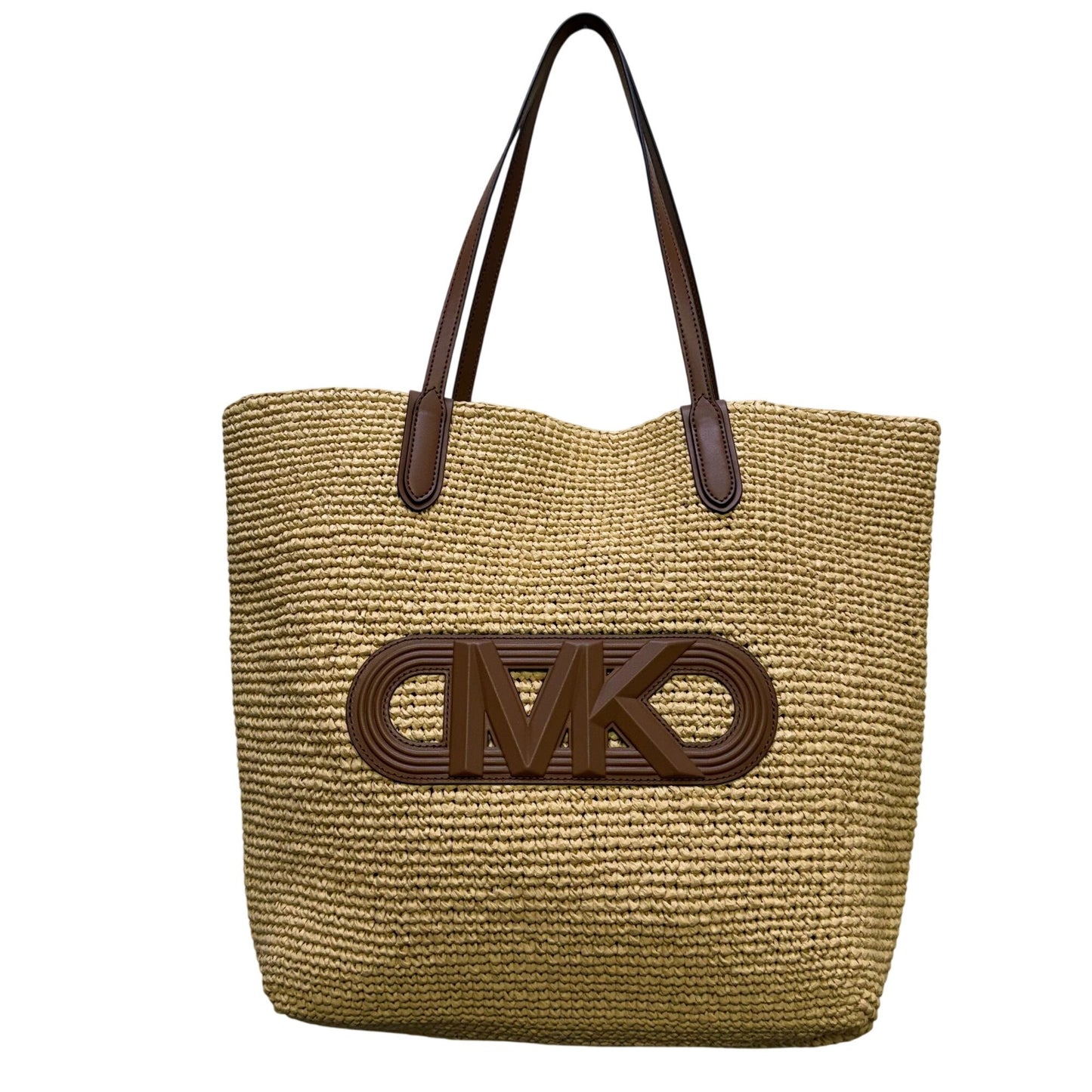 Michael Kors Straw Tote Bag With Leather Logo & Handles - Tan