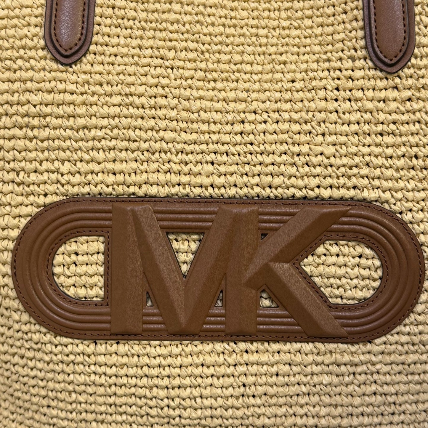 Michael Kors Straw Tote Bag With Leather Logo & Handles - Tan