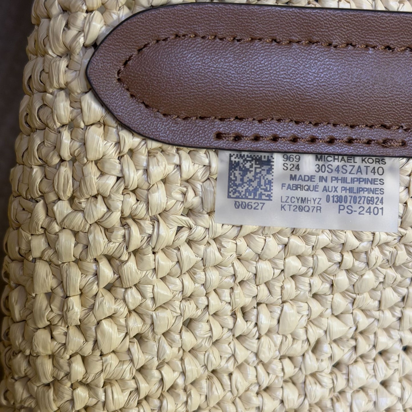Michael Kors Straw Tote Bag With Leather Logo & Handles - Tan