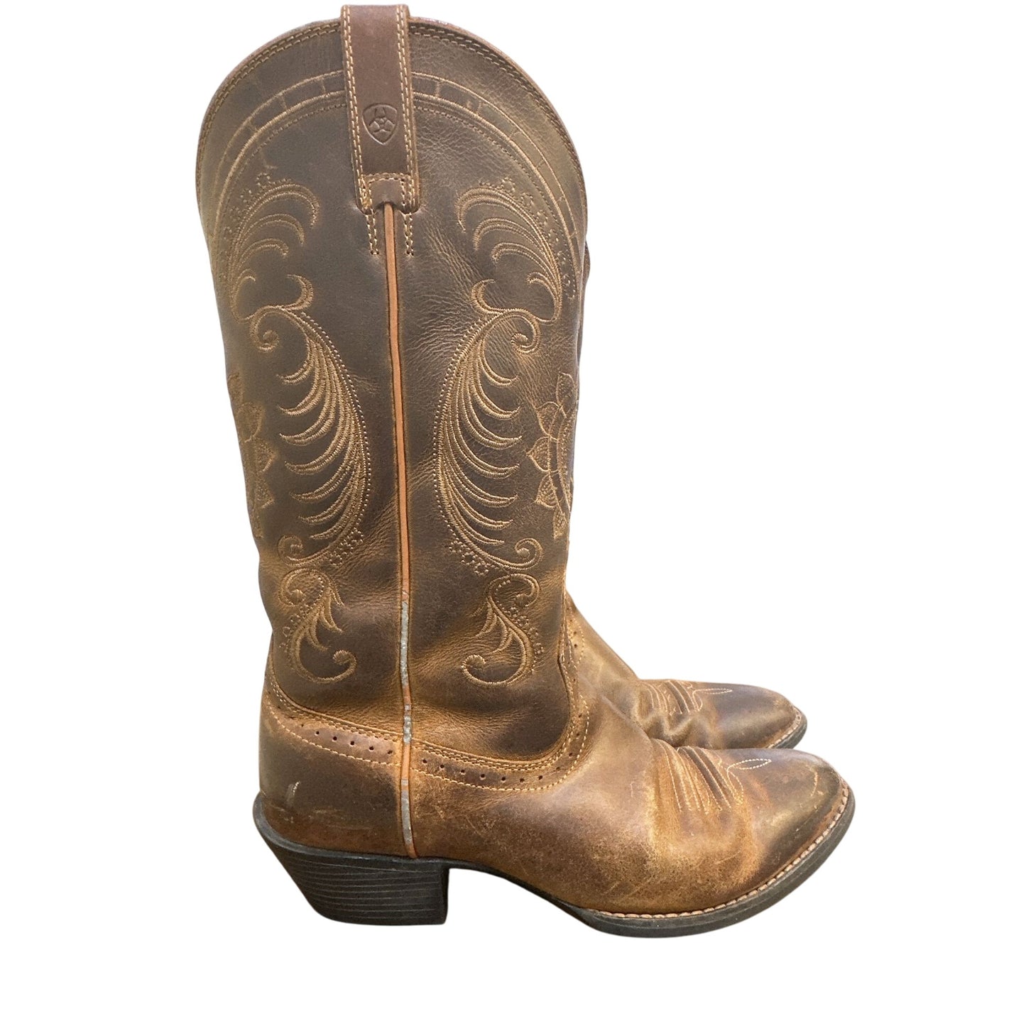 Ariat  Western Cowboy Boots Brown Leather Embroidered Mid-Calf Square Toe Size 7.5