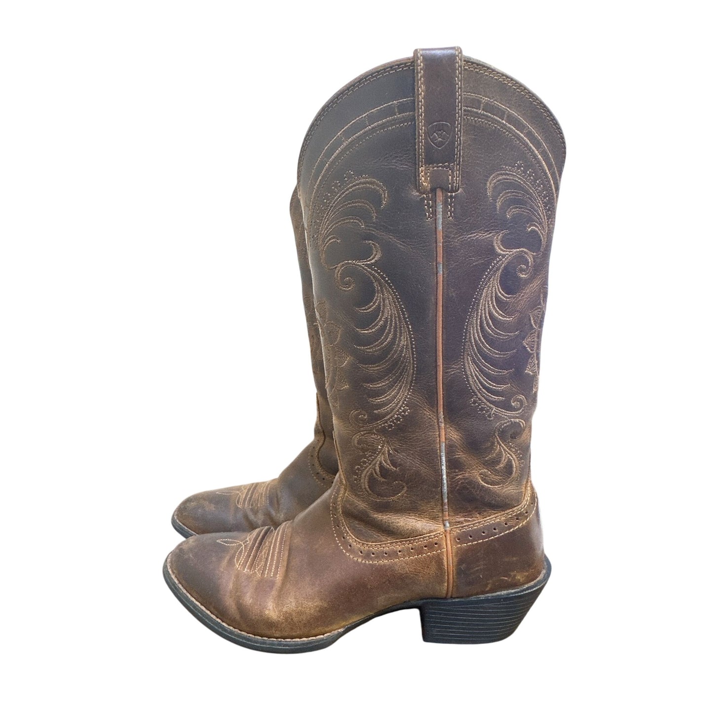 Ariat  Western Cowboy Boots Brown Leather Embroidered Mid-Calf Square Toe Size 7.5