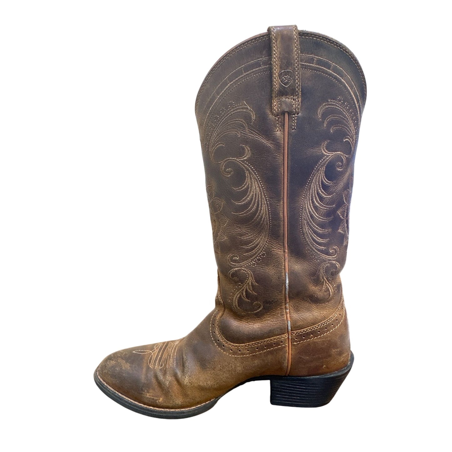 Ariat  Western Cowboy Boots Brown Leather Embroidered Mid-Calf Square Toe Size 7.5