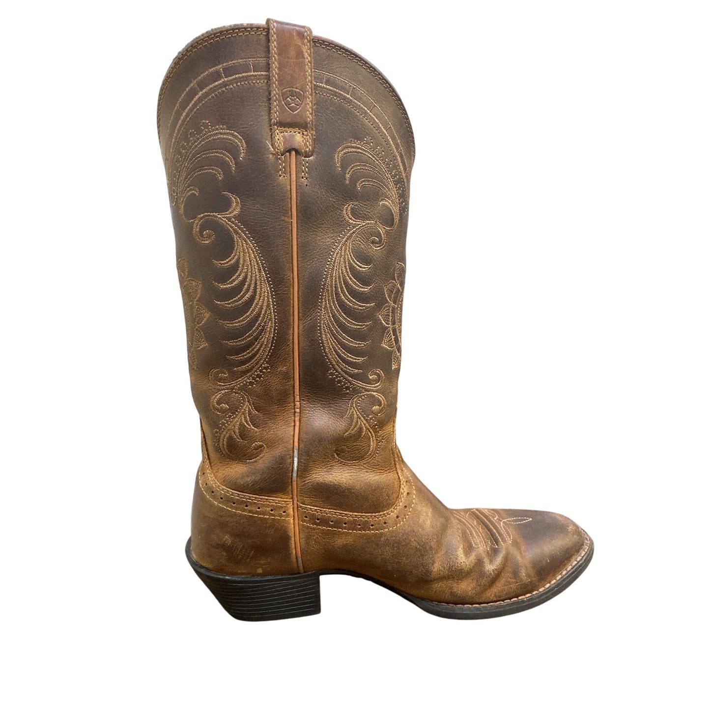 Ariat  Western Cowboy Boots Brown Leather Embroidered Mid-Calf Square Toe Size 7.5