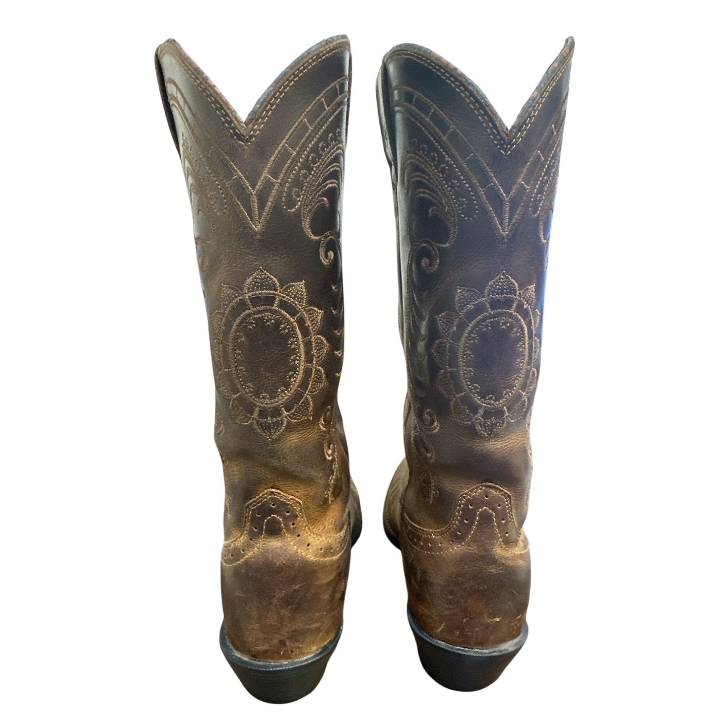 Ariat  Western Cowboy Boots Brown Leather Embroidered Mid-Calf Square Toe Size 7.5