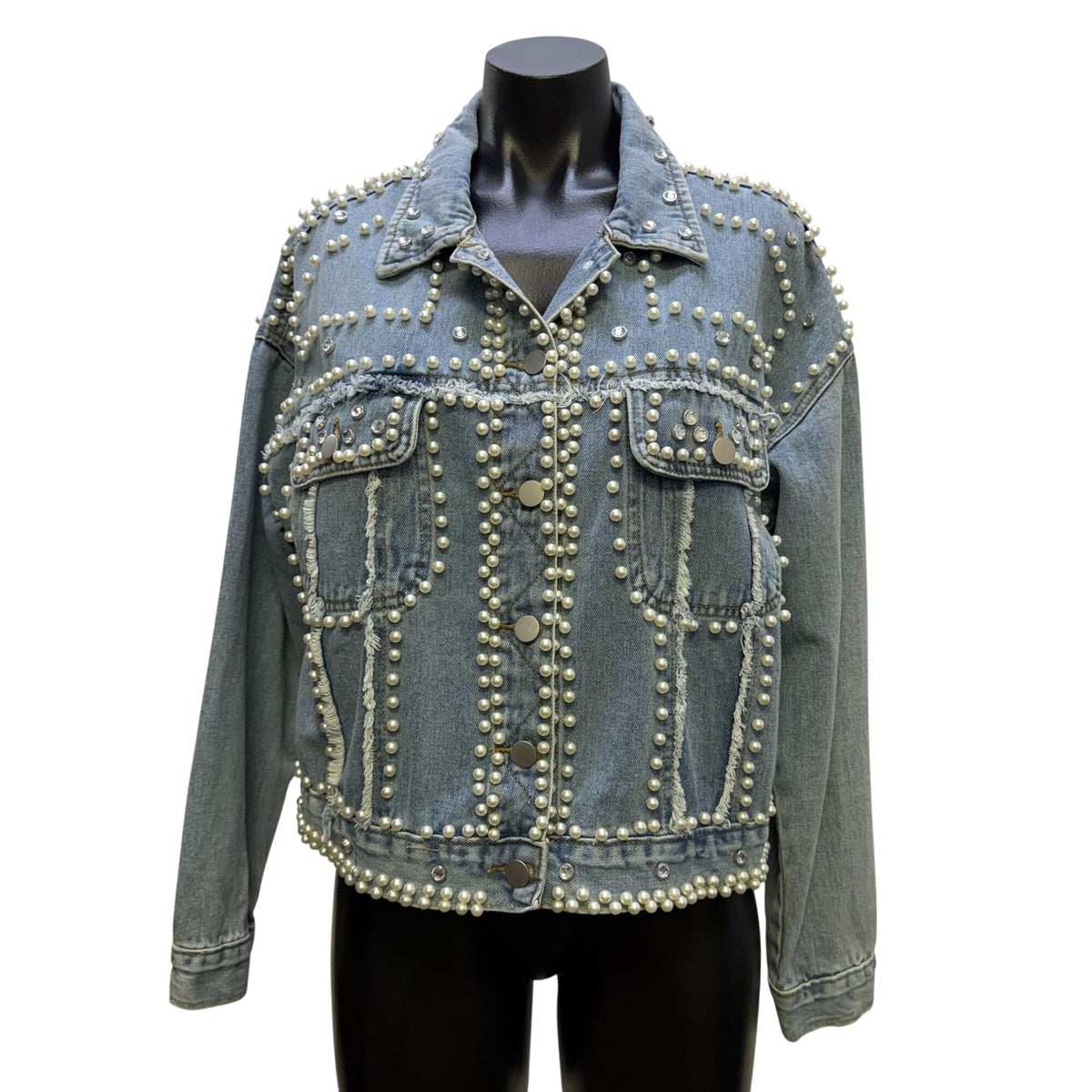 Veveret Blue Pearl & Rhinestone Embellished Denim Jacket S
