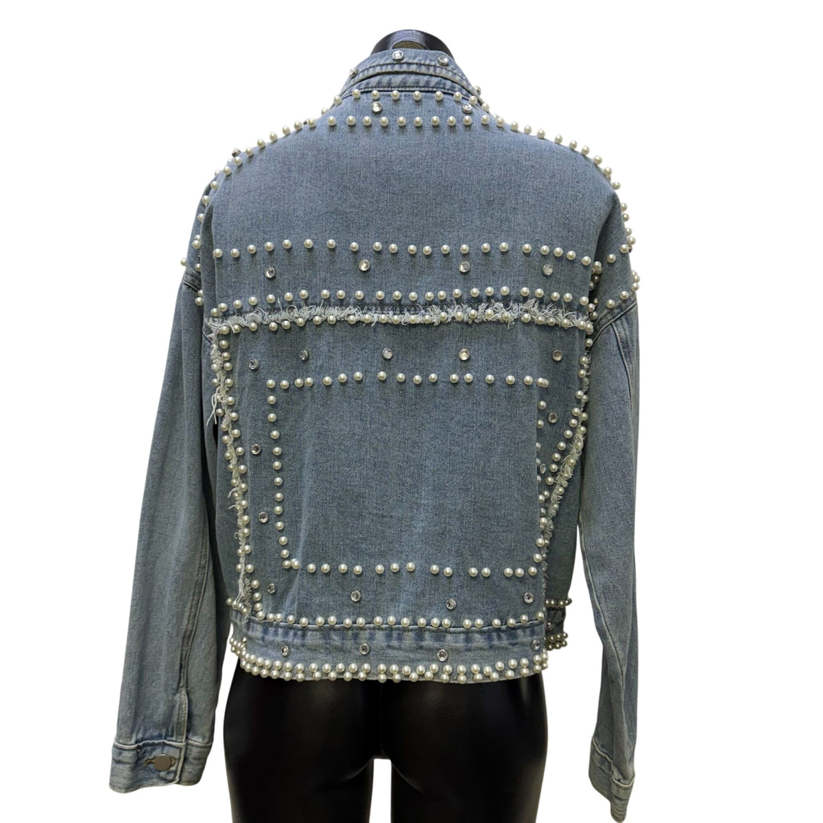Veveret Blue Pearl & Rhinestone Embellished Denim Jacket S
