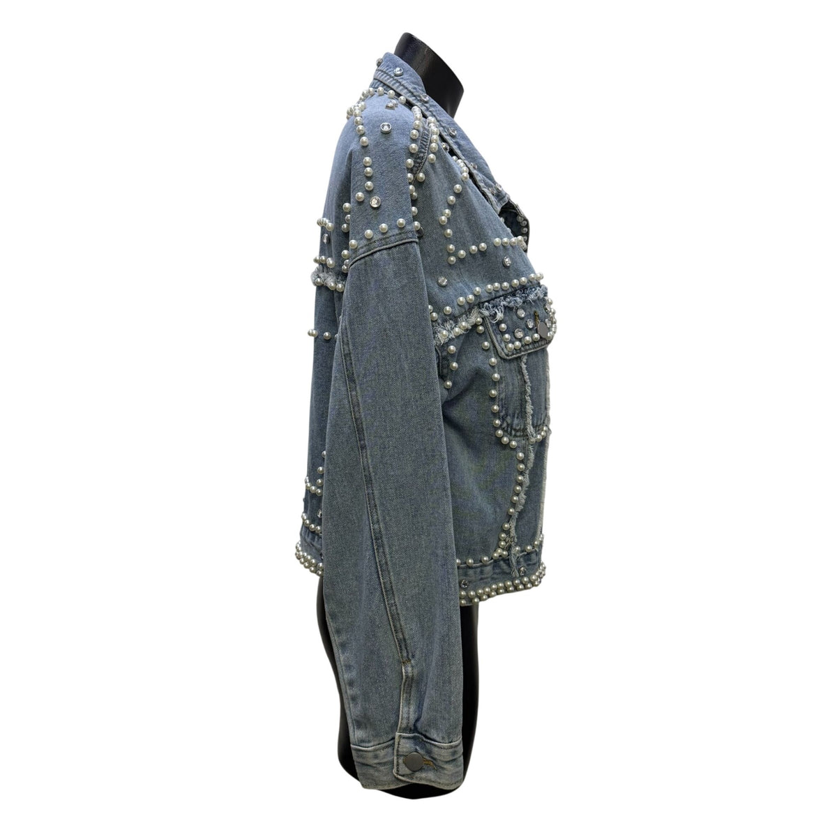 Veveret Blue Pearl & Rhinestone Embellished Denim Jacket S