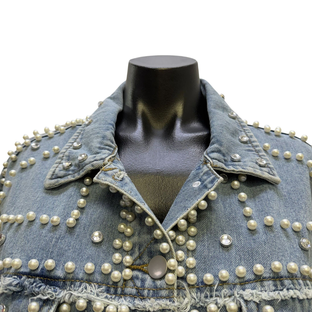 Veveret Blue Pearl & Rhinestone Embellished Denim Jacket S