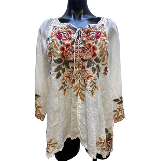 Johnny Was Boho-Chic Floral Embroidered White Tunic Top w/Tie Neck Size L