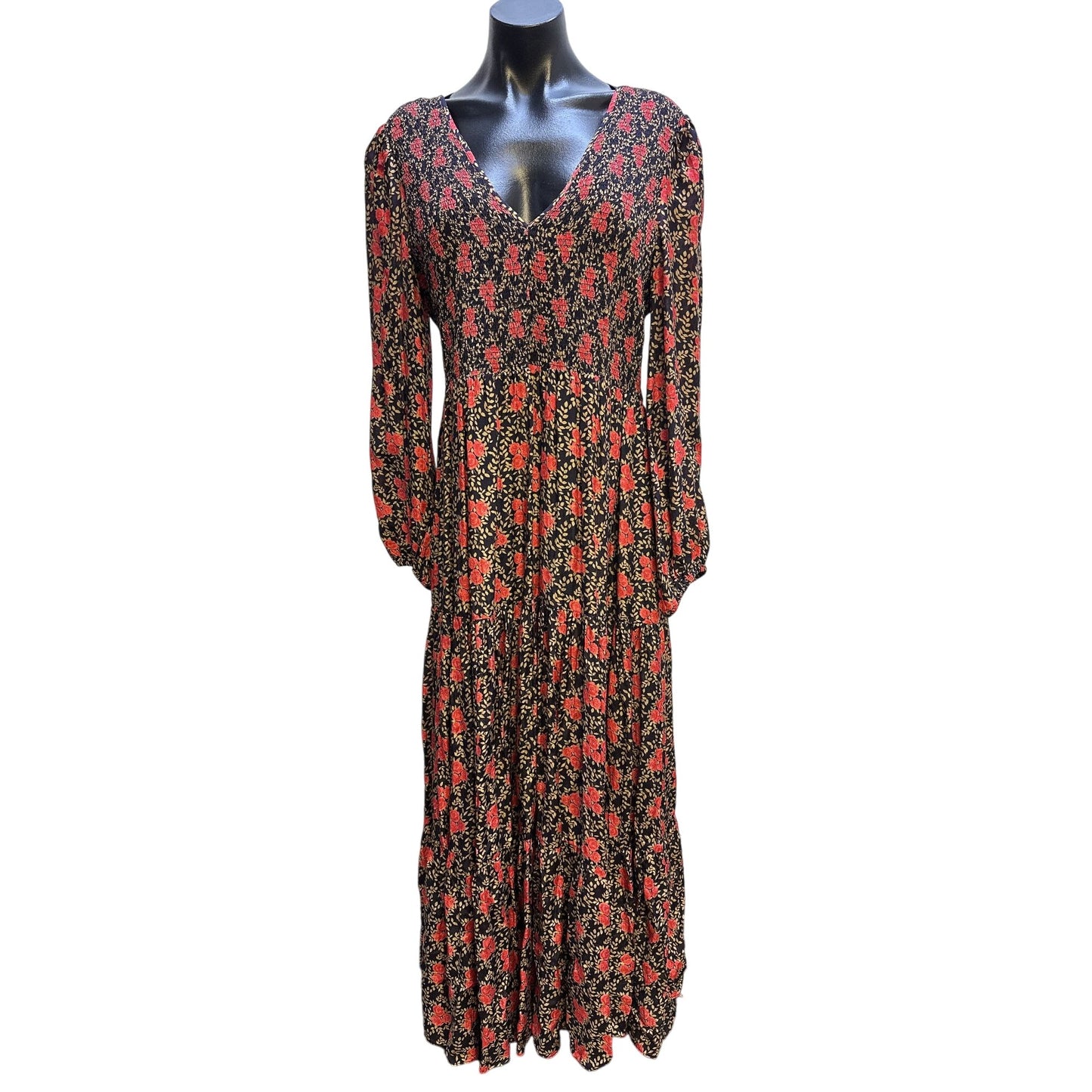 Rixo Floral Long-Sleeve V-Neck Maxi Dress Navy and Red Size 10