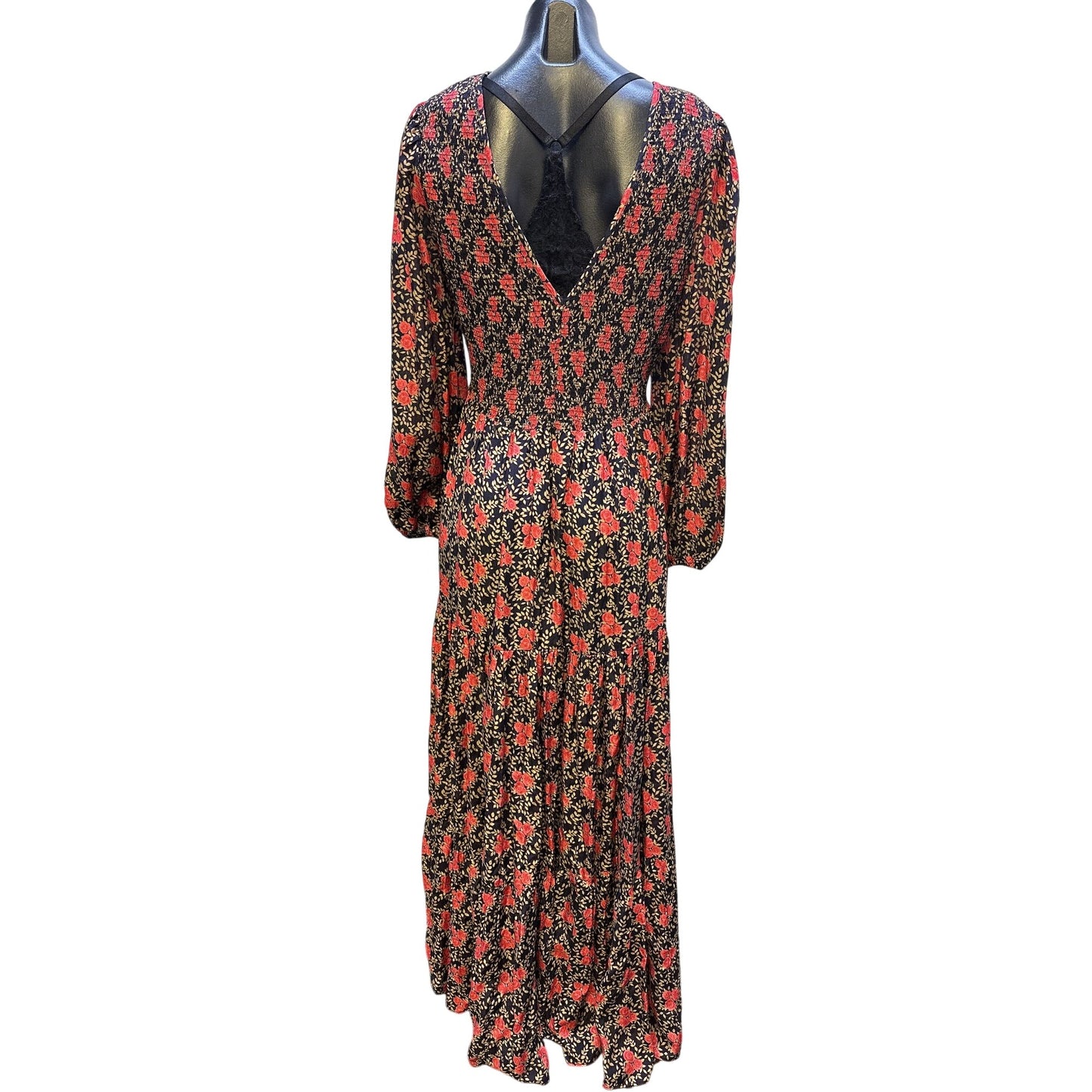 Rixo Floral Long-Sleeve V-Neck Maxi Dress Navy and Red Size 10