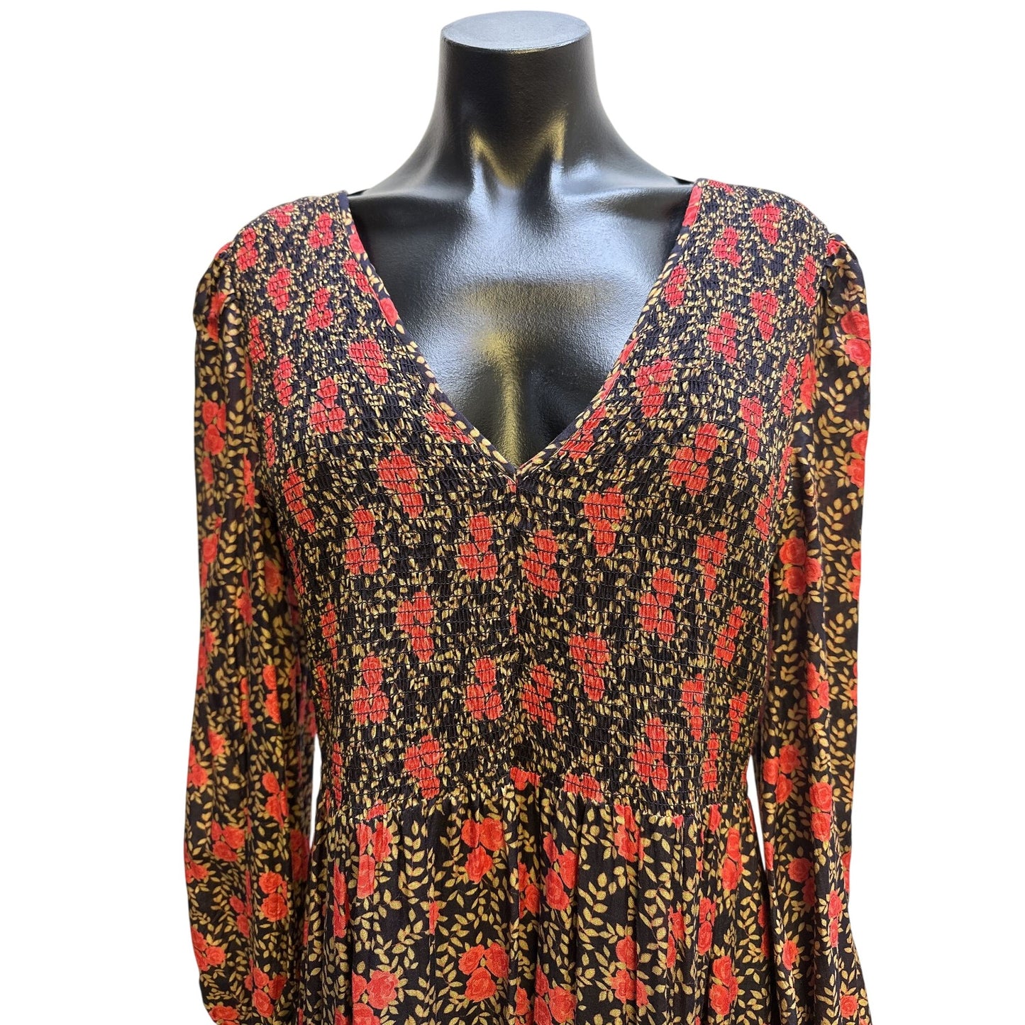 Rixo Floral Long-Sleeve V-Neck Maxi Dress Navy and Red Size 10