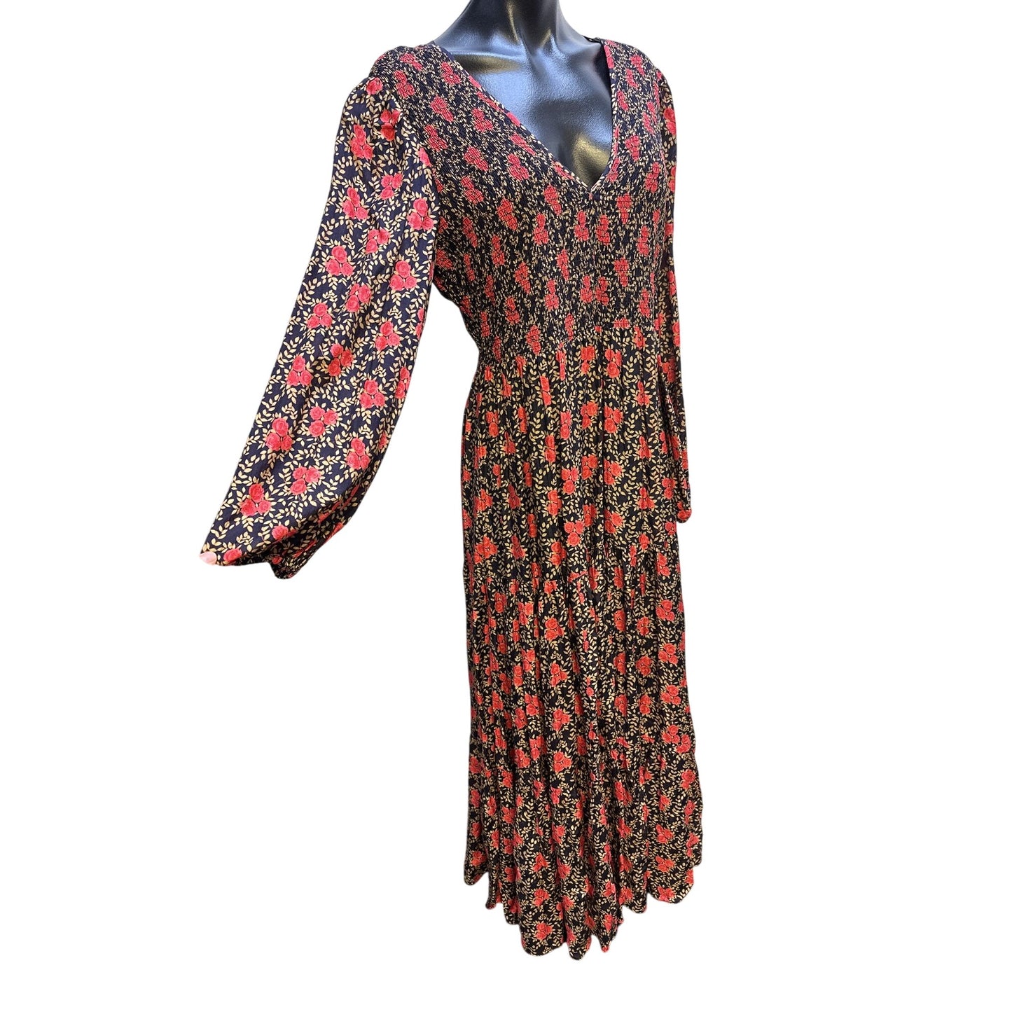 Rixo Floral Long-Sleeve V-Neck Maxi Dress Navy and Red Size 10