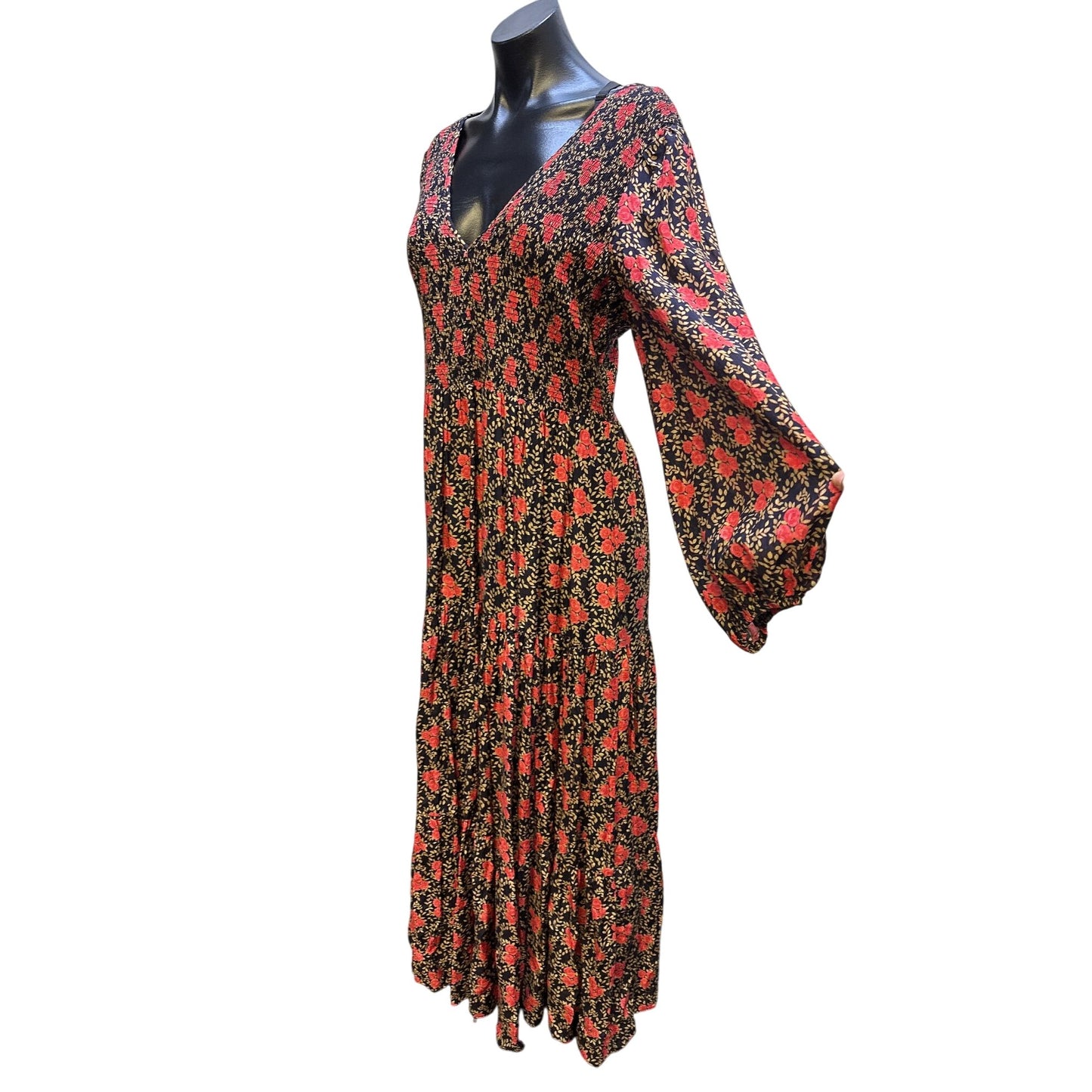 Rixo Floral Long-Sleeve V-Neck Maxi Dress Navy and Red Size 10