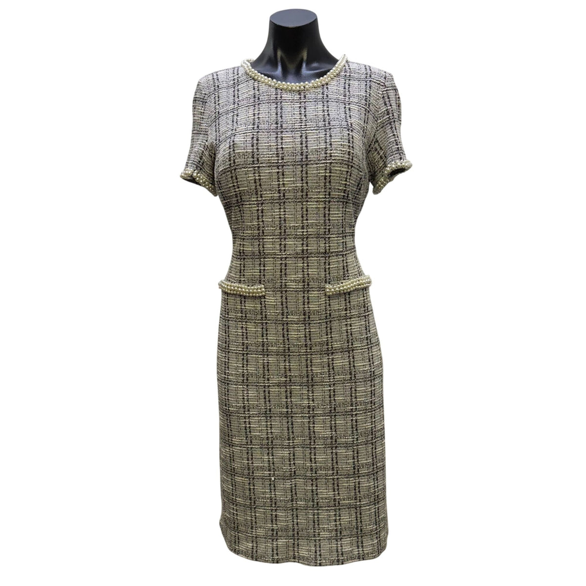 Karl Lagerfeld Plaid Tweed Dress With Pearl Accents Black/White 8