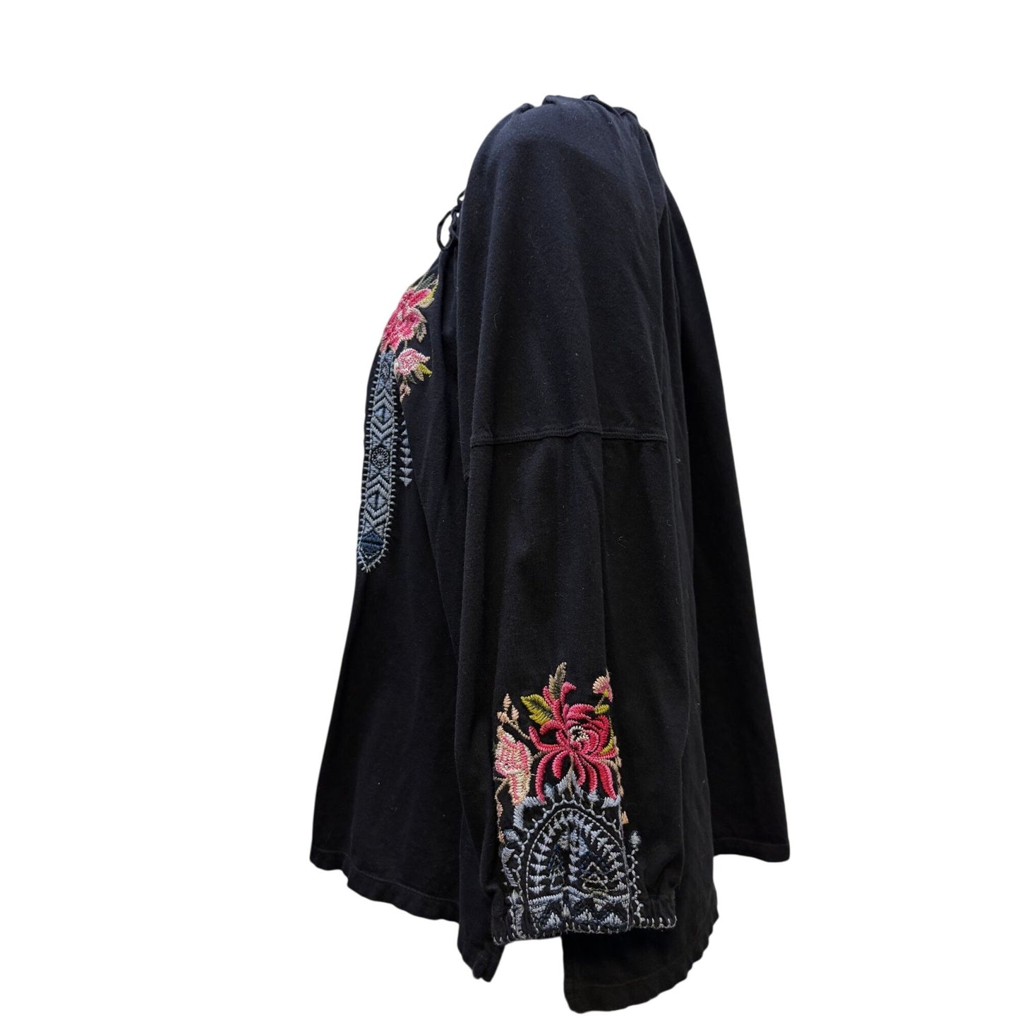 Johnny Was Black Embroidered Floral Boho Blouse Multi-Color XL