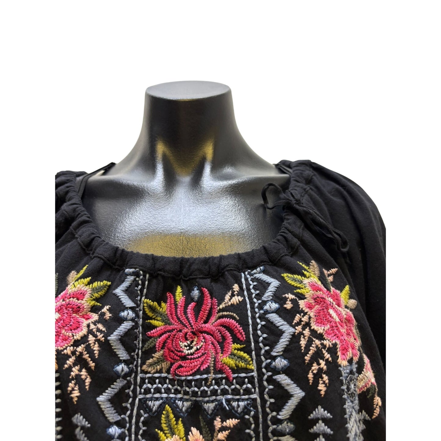 Johnny Was Black Embroidered Floral Boho Blouse Multi-Color XL
