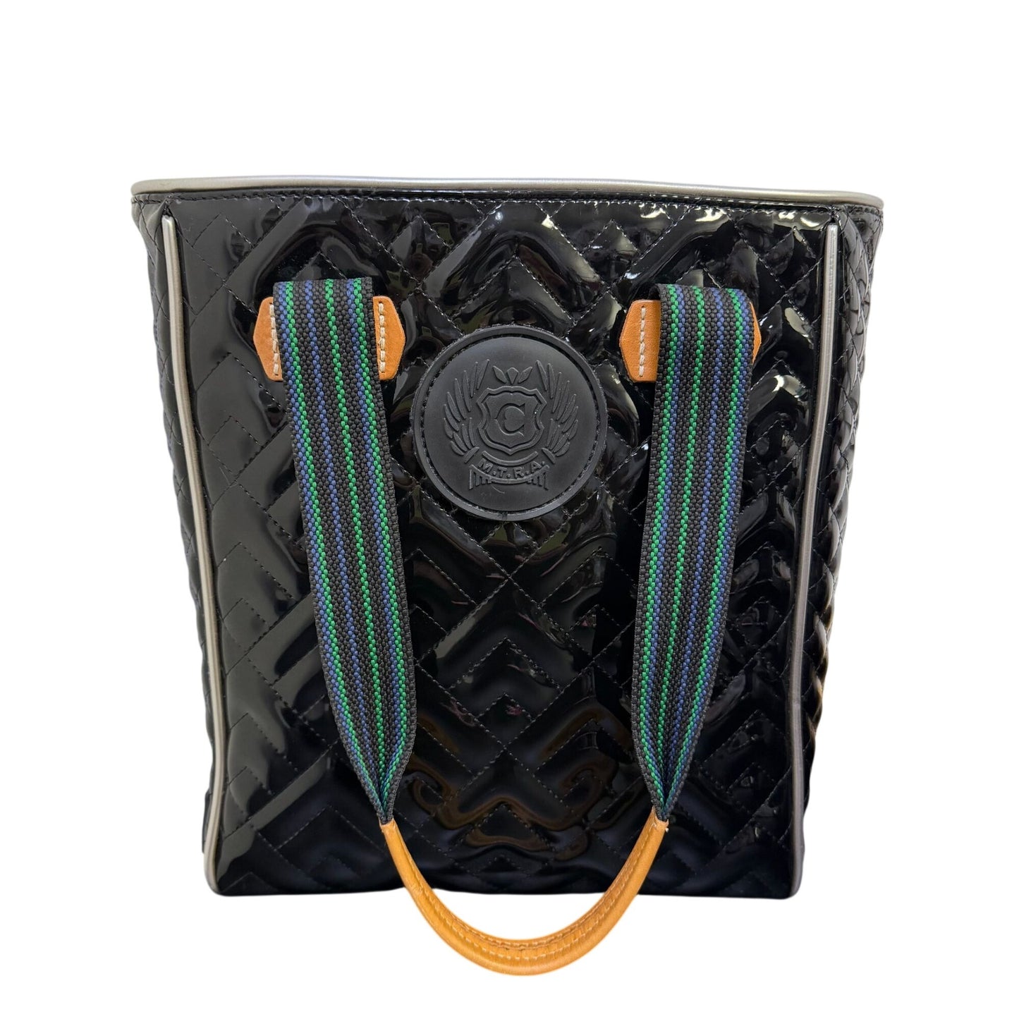 Consuela Black Quilted Patent Leather Tote Bag With Multicolor Straps