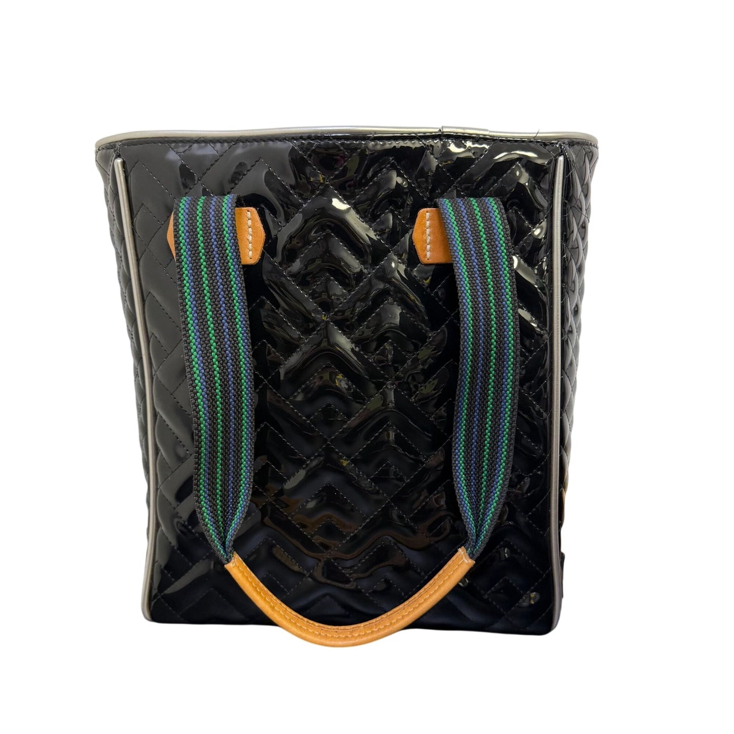 Consuela Black Quilted Patent Leather Tote Bag With Multicolor Straps