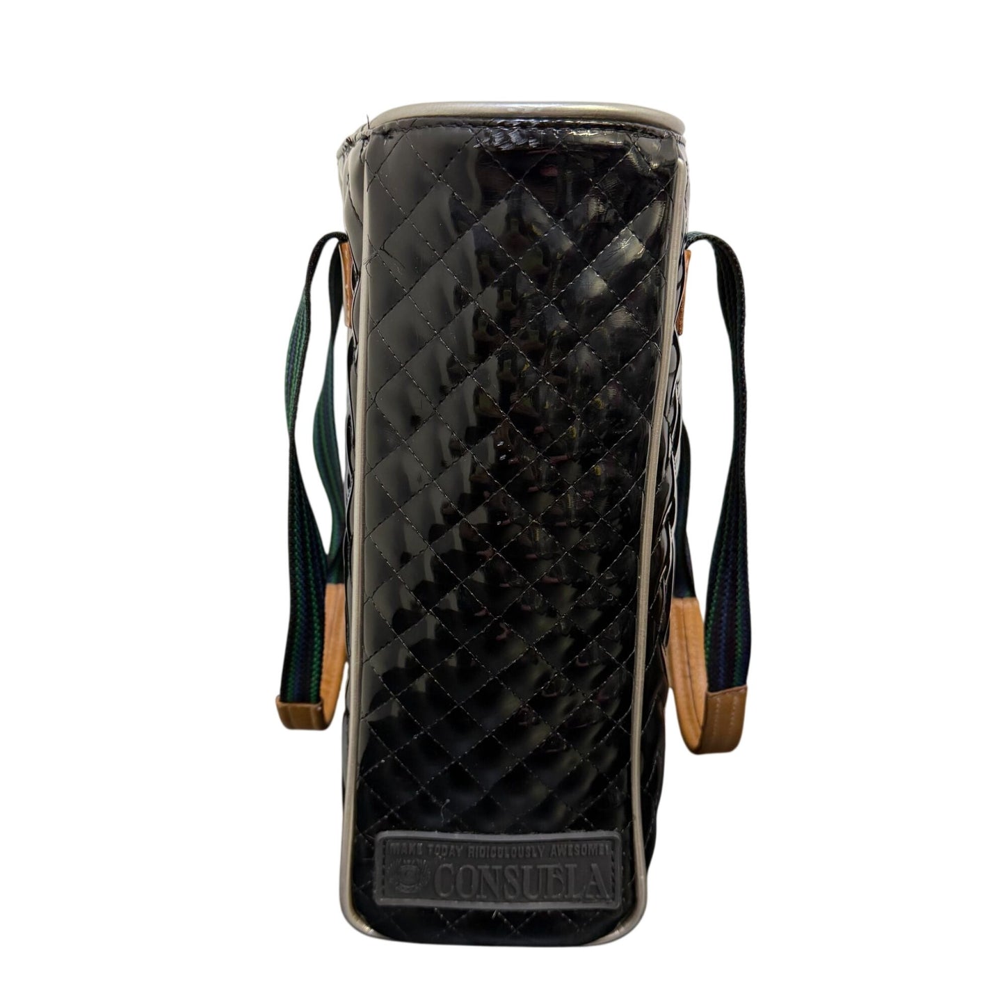 Consuela Black Quilted Patent Leather Tote Bag With Multicolor Straps