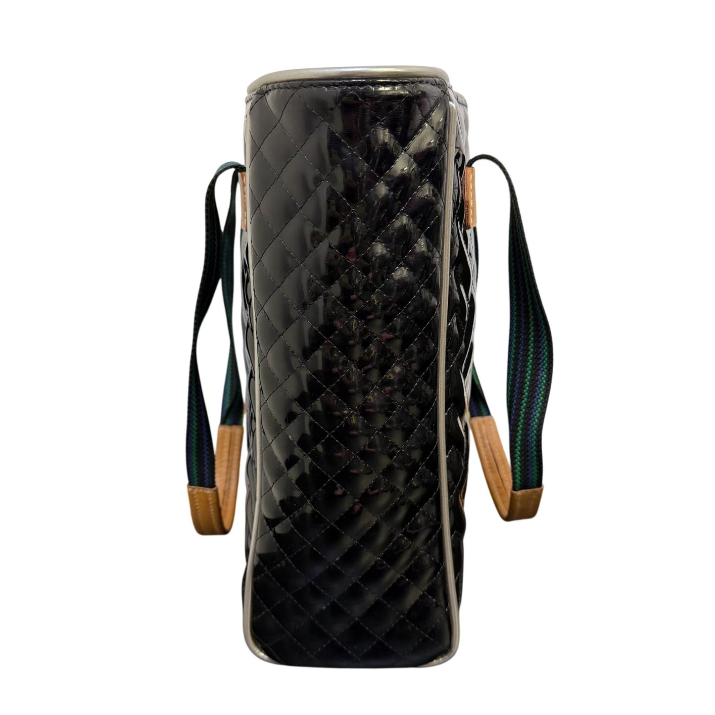 Consuela Black Quilted Patent Leather Tote Bag With Multicolor Straps