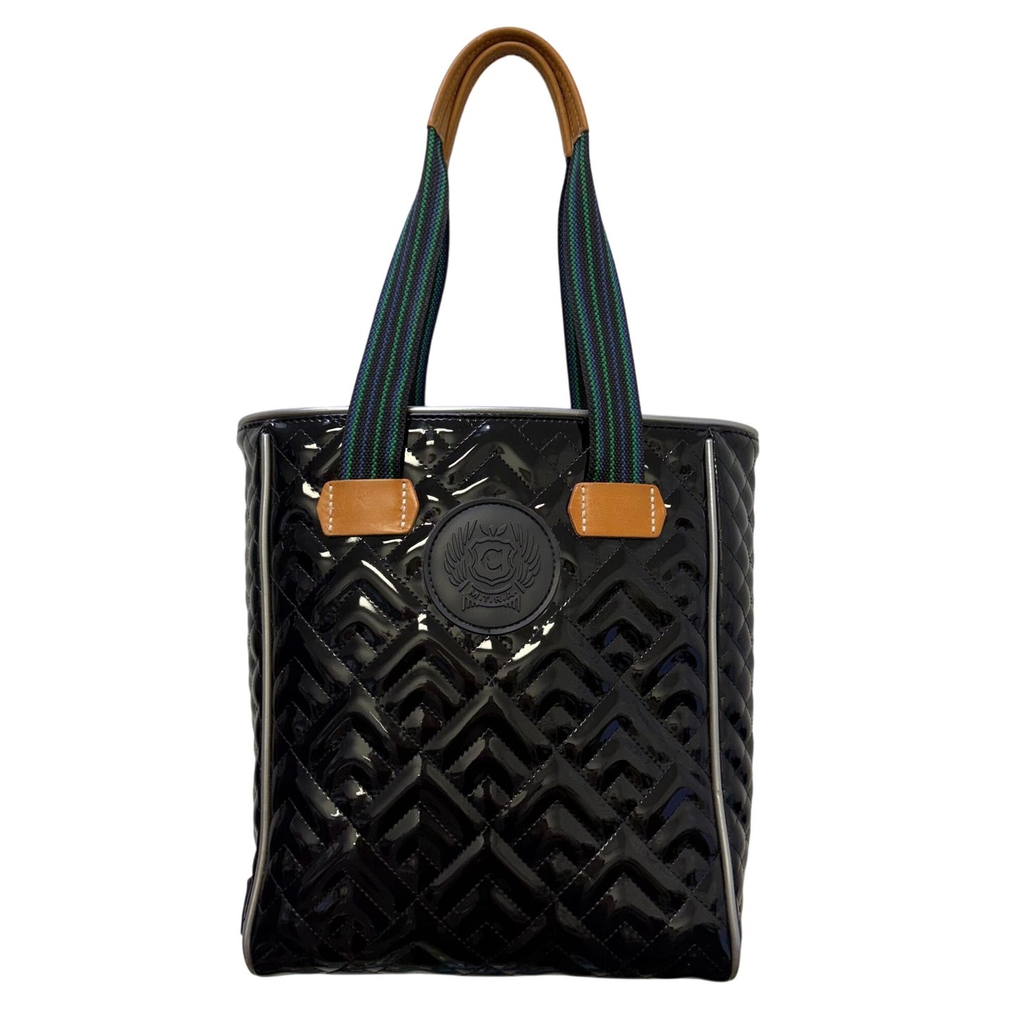 Consuela Black Quilted Patent Leather Tote Bag With Multicolor Straps