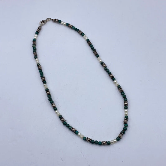 Malachite & Pearl Beaded Necklace With Silver-Tone Accents And Lobster Clasp Closure