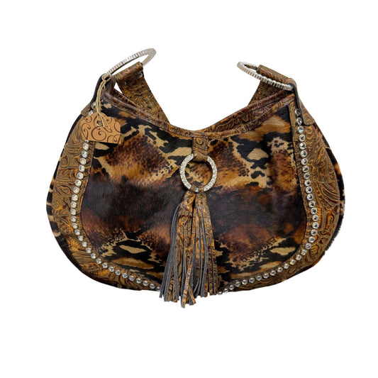 Raviani Brown Animal Print Handbag With Rhinestone Accents