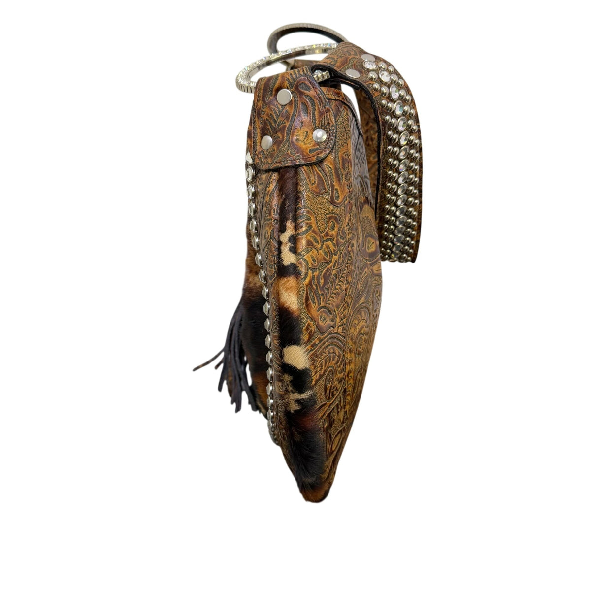 Raviani Brown Animal Print Handbag With Rhinestone Accents