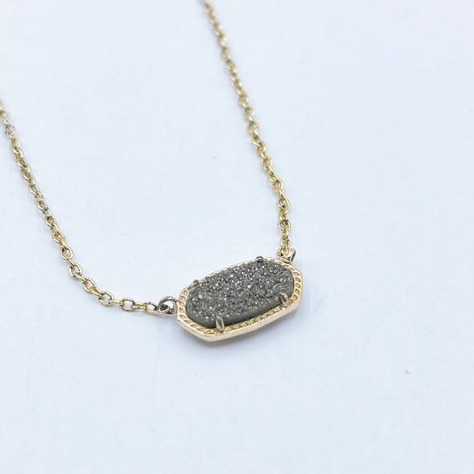 Kendra Scott Elisa Gold Necklace With Gray Drusy Stone Pendant Adjustable Chain