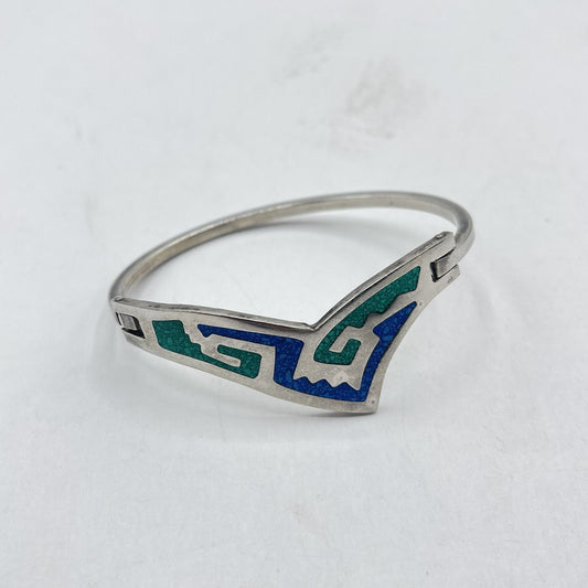 Vintage Mexican Sterling Silver Enamel Bangle Bracelet Inlaid Green Blue Geometric Design