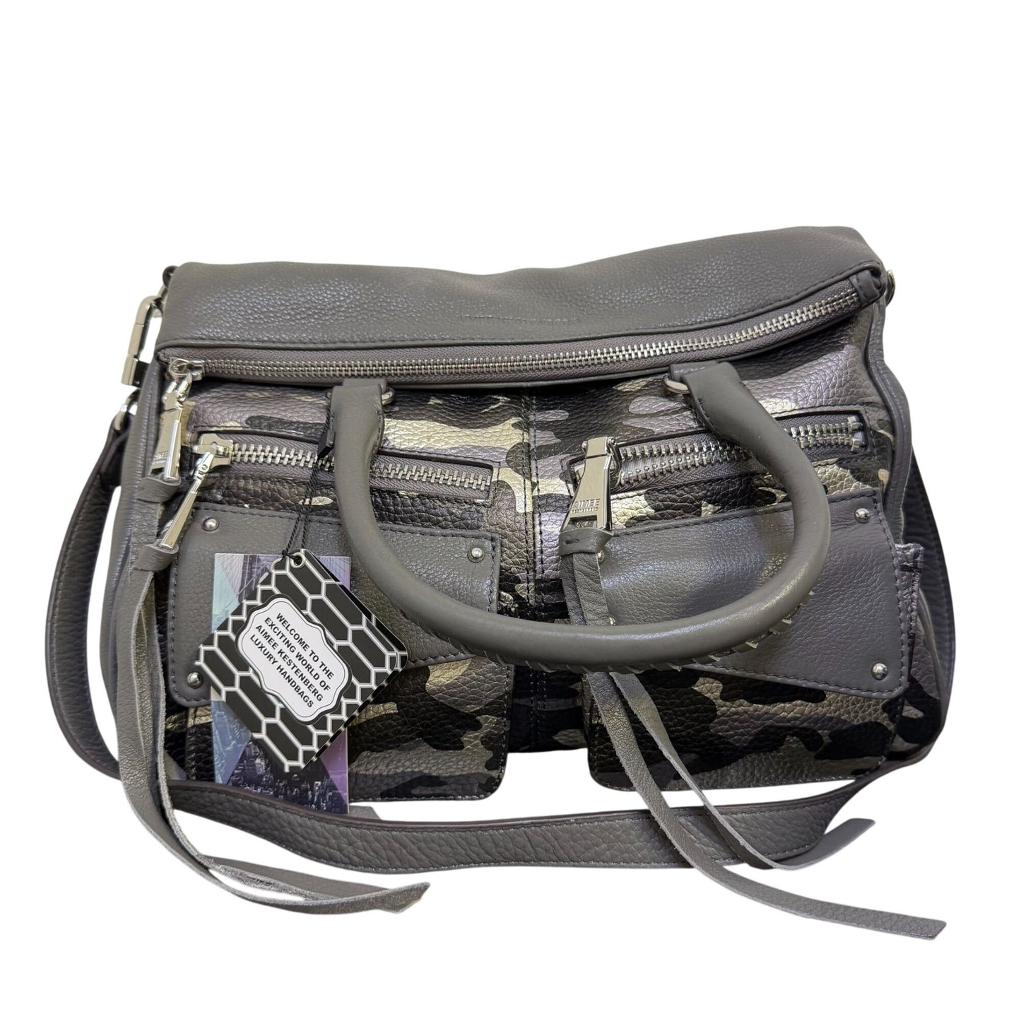 NWT Aimee Kestenberg Gray Leather Camouflage Tote With Top Handles