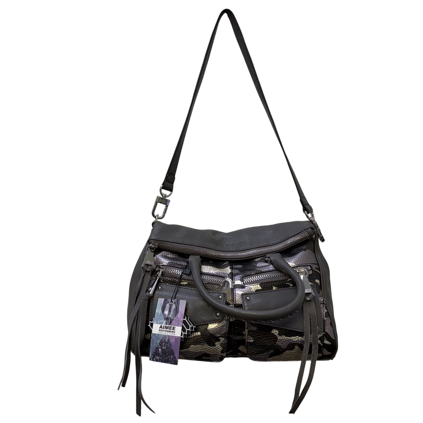NWT Aimee Kestenberg Gray Leather Camouflage Tote With Top Handles
