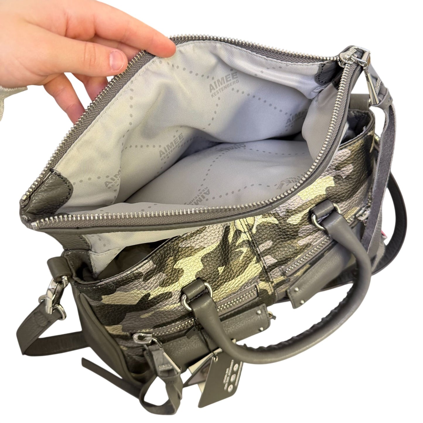 NWT Aimee Kestenberg Gray Leather Camouflage Tote With Top Handles
