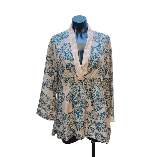 Johnny Was Womens Floral Kimono Blouse Beige Teal Small