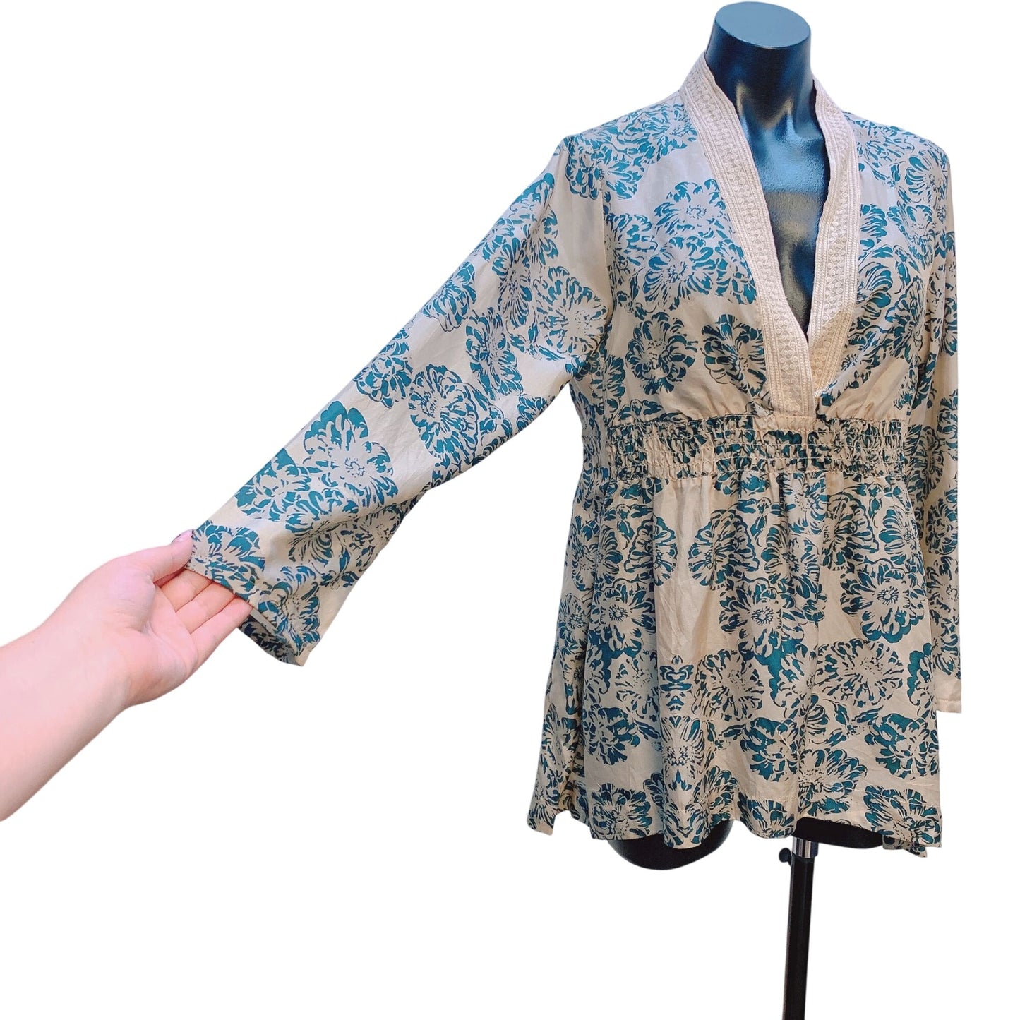 Johnny Was Womens Floral Kimono Blouse Beige Teal Small