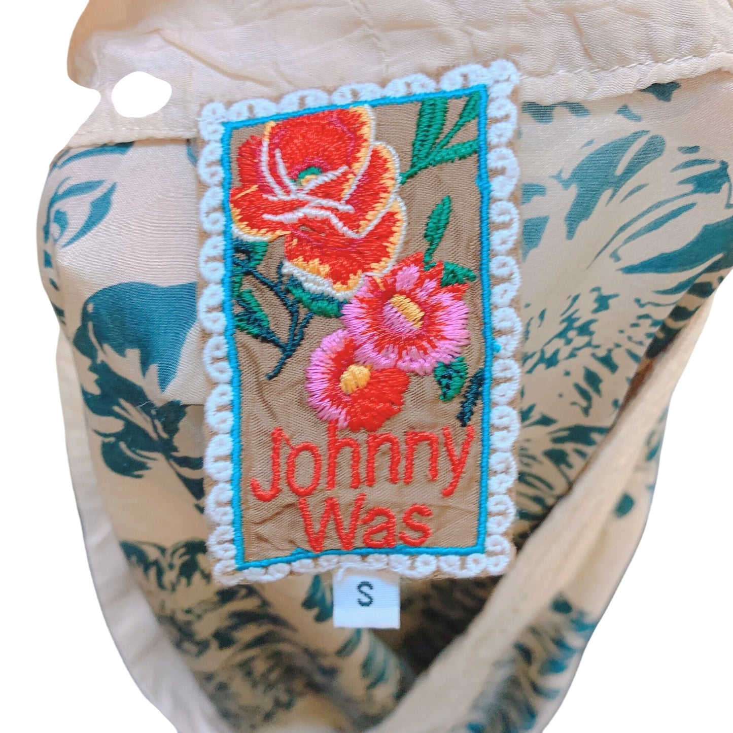 Johnny Was Womens Floral Kimono Blouse Beige Teal Small