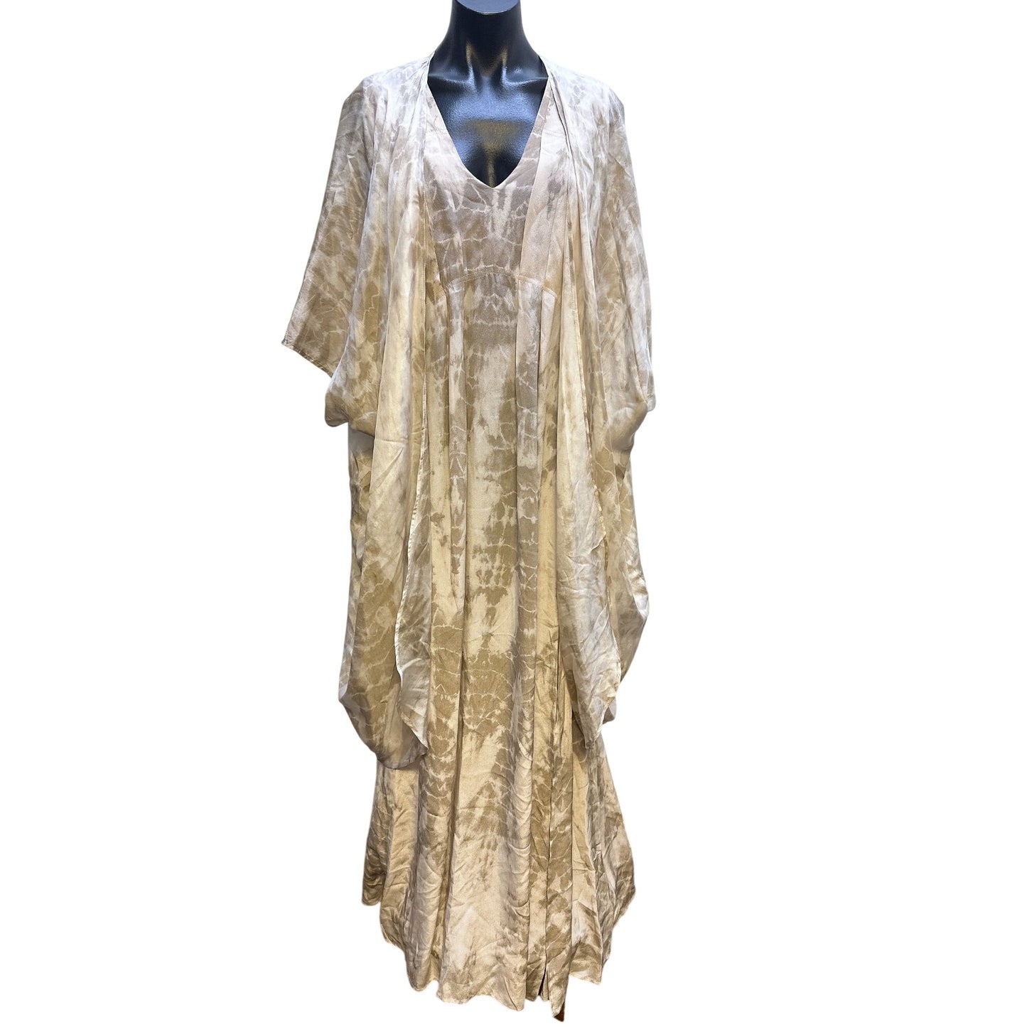 Raven & Lily Cream & Taupe Silk Sleeveless Maxi Dress w/Kimono Cover-Up Size L