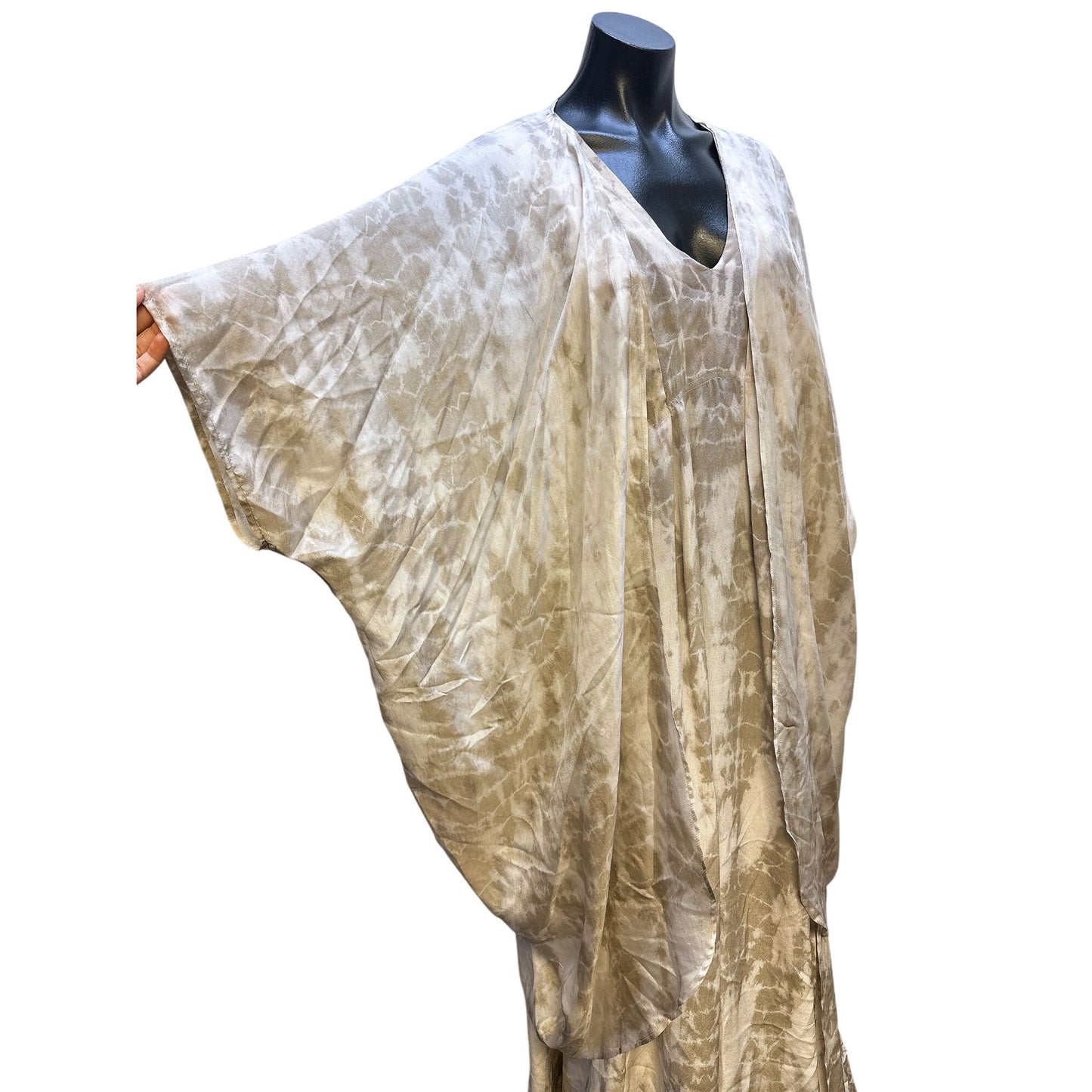 Raven & Lily Cream & Taupe Silk Sleeveless Maxi Dress w/Kimono Cover-Up Size L