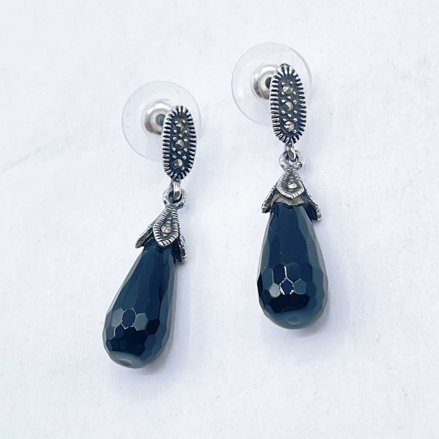 925 Silver Marcasite Black Teardrop Dangle Earrings