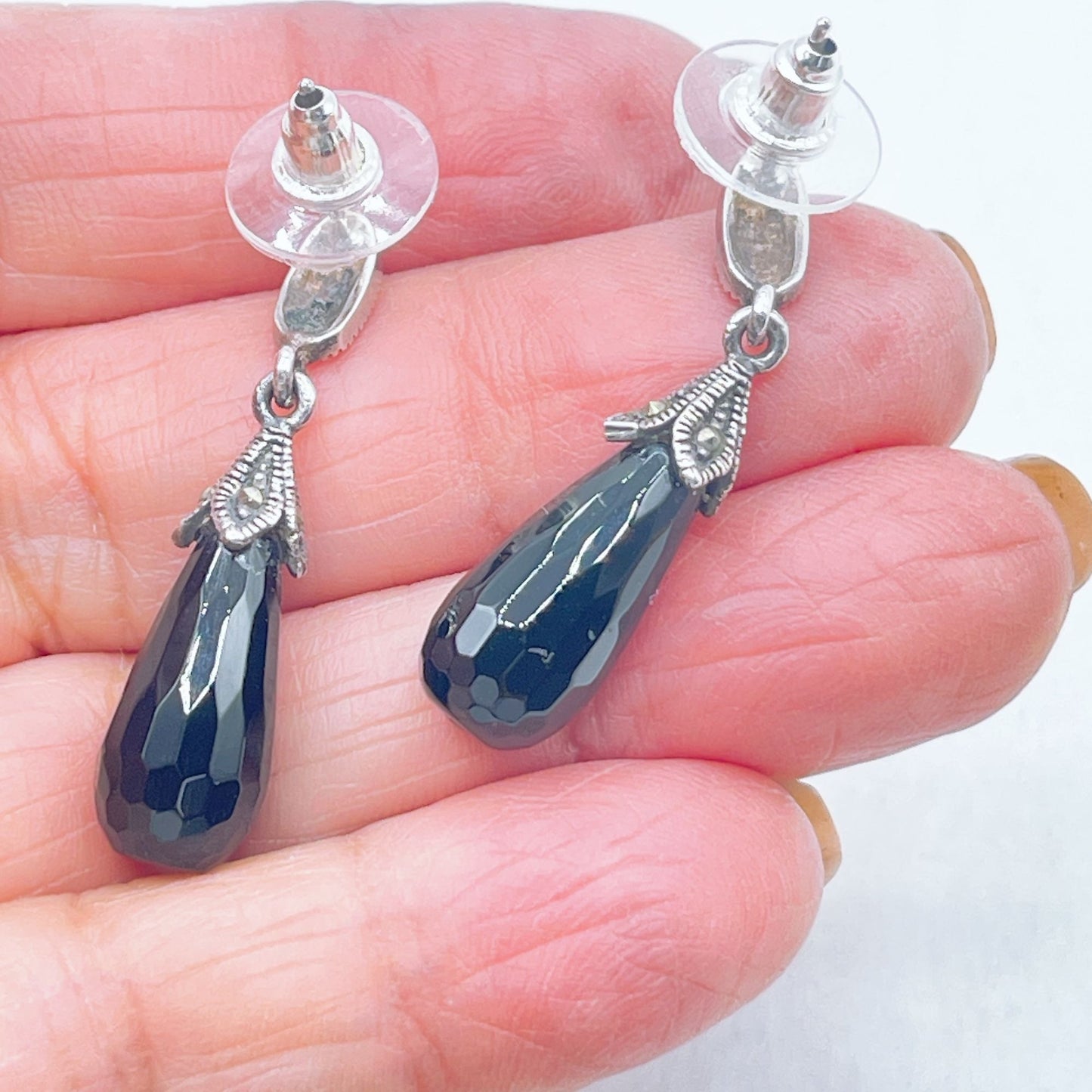 925 Silver Marcasite Black Teardrop Dangle Earrings