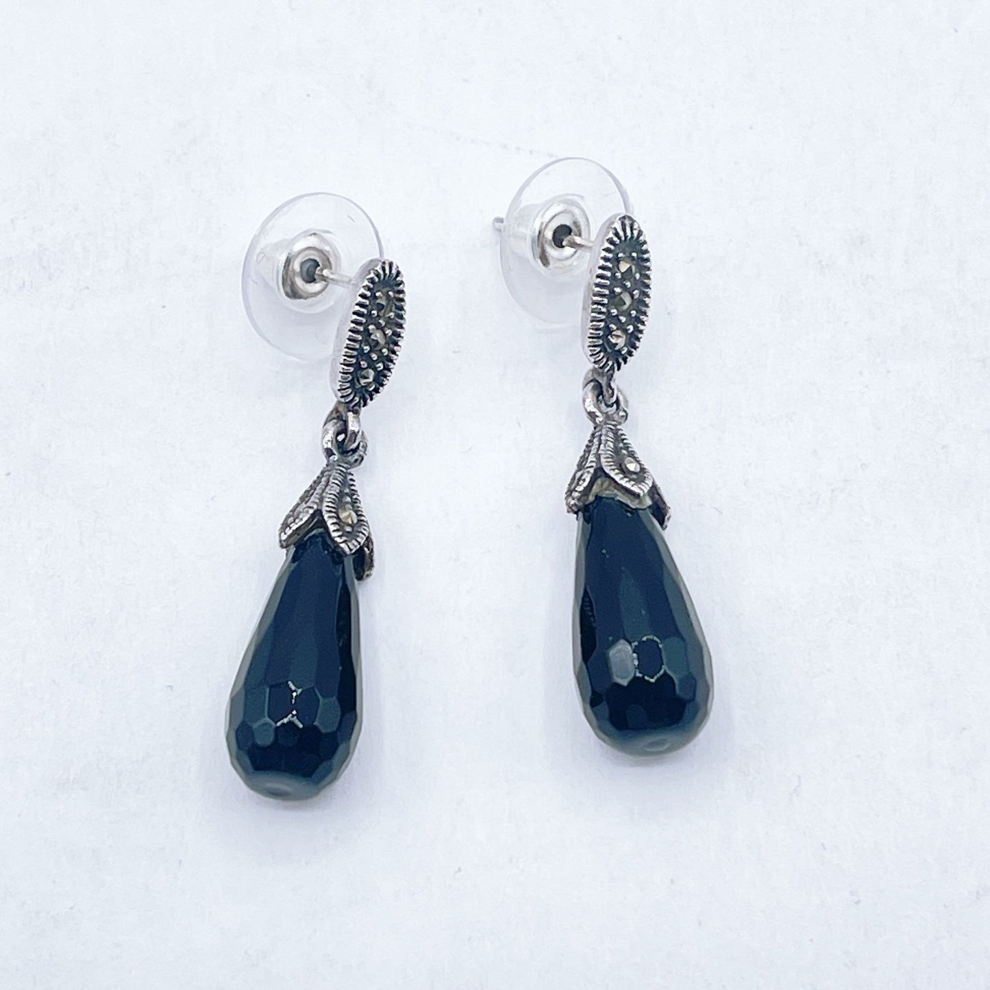 925 Silver Marcasite Black Teardrop Dangle Earrings