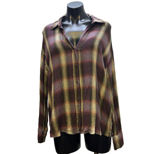 Diega Plaid Button-Up Blouse Purple & Gray Long Sleeve L