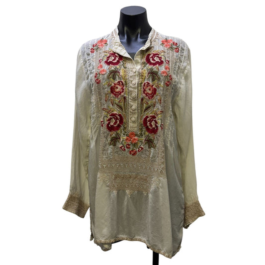 Johnny Was Ivory Floral Embroidered Long Sleeve Blouse Size L