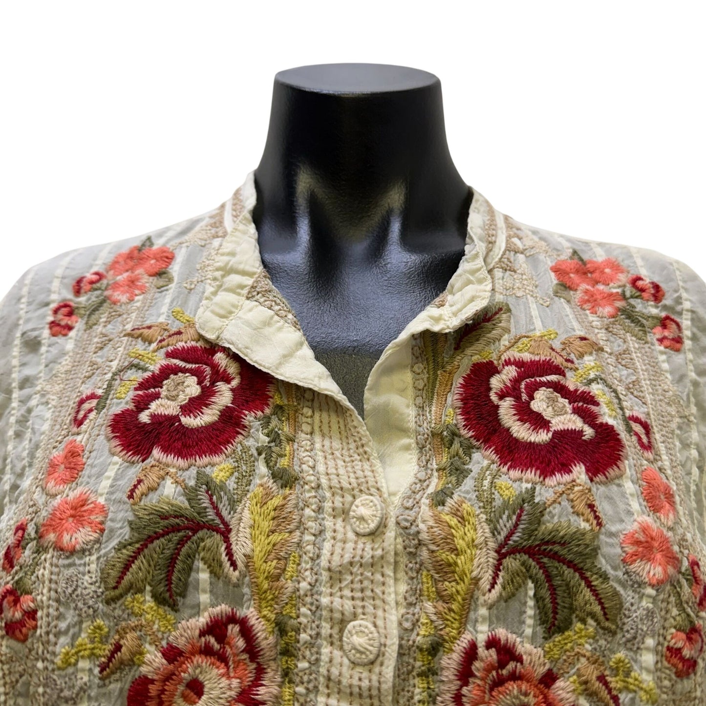 Johnny Was Ivory Floral Embroidered Long Sleeve Blouse Size L
