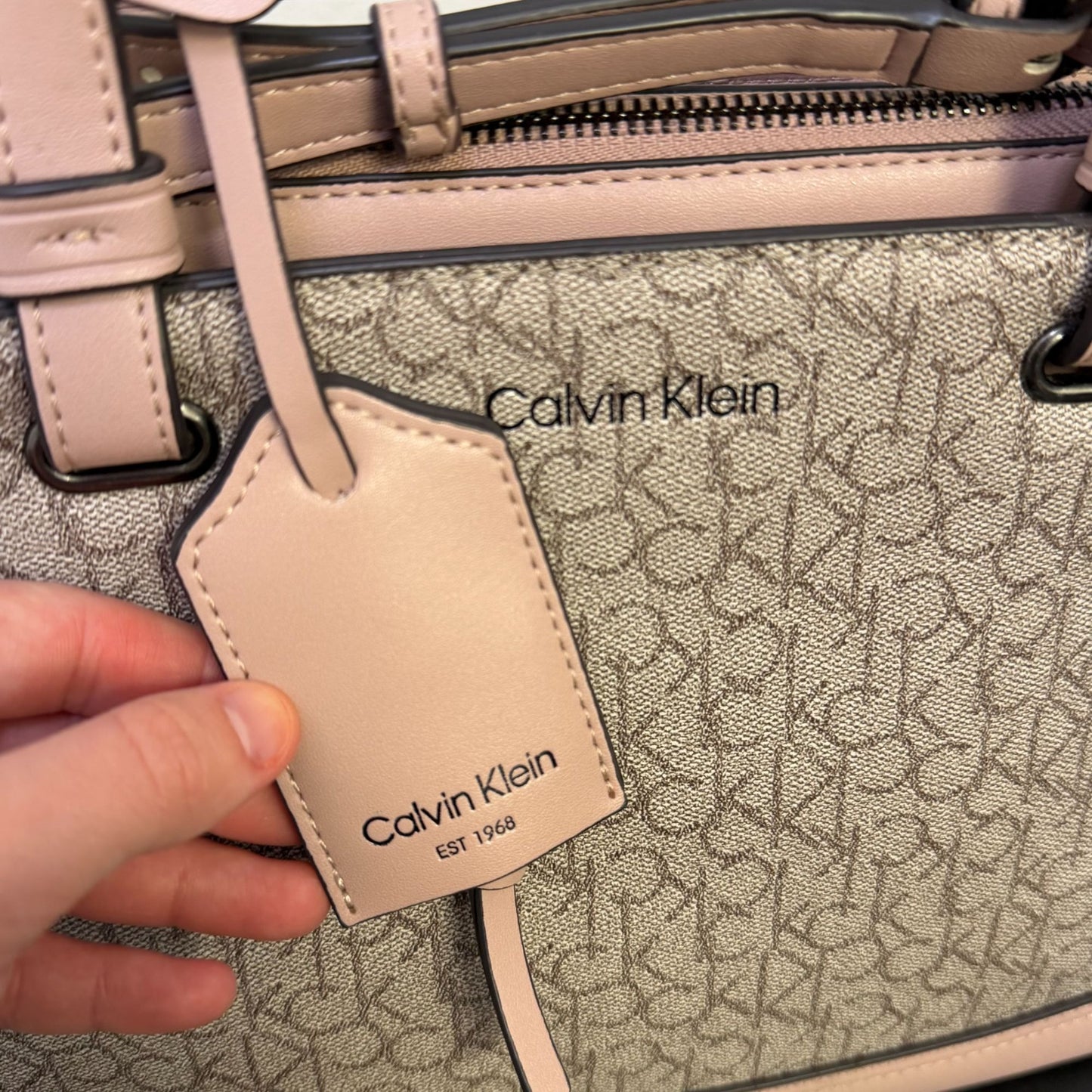 Calvin Klein Monogram Tote Bag With Adjustable Strap In Pink & Gray
