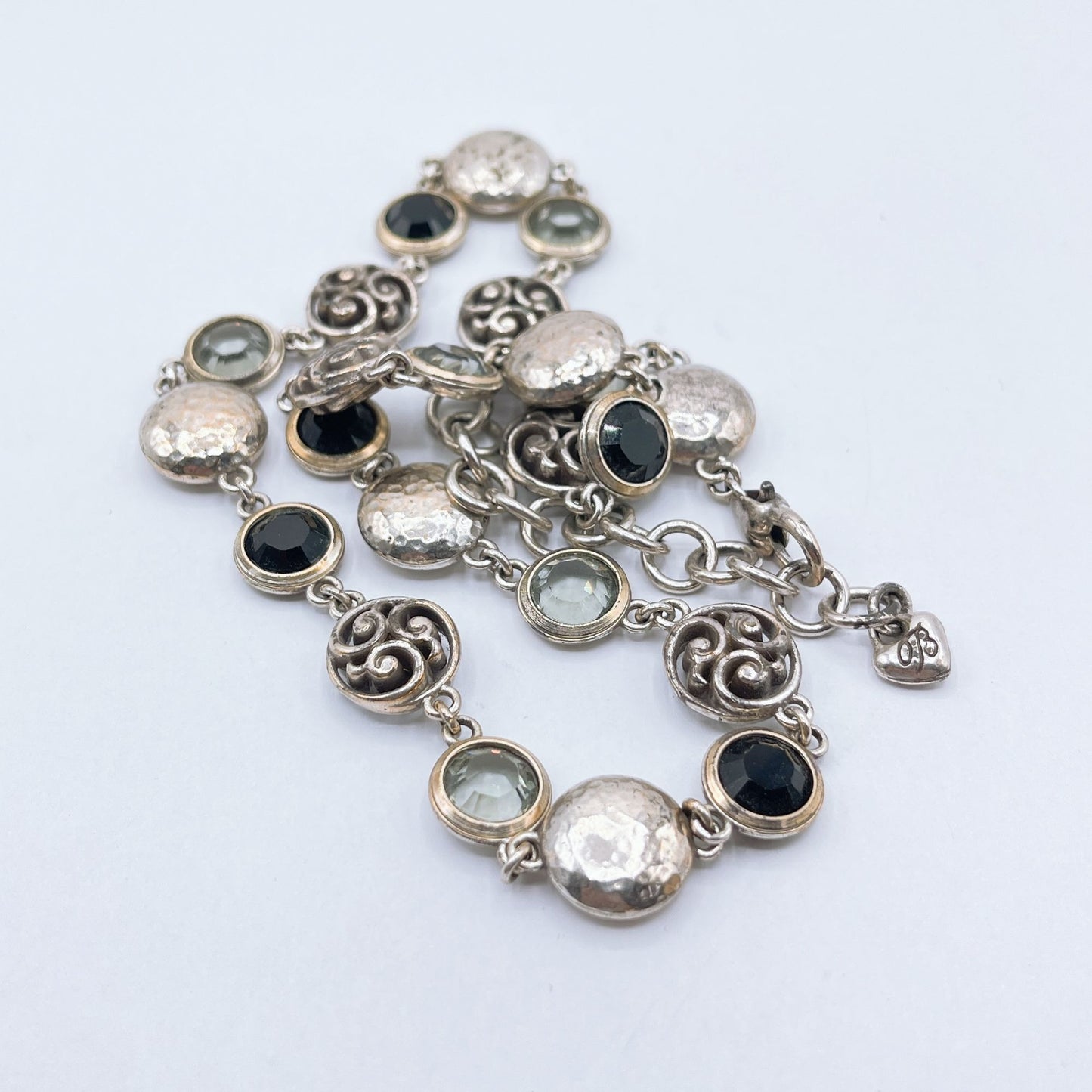 Brighton Necklace With Hammered Discs Swirl Accents & Black/Clear Gemstones
